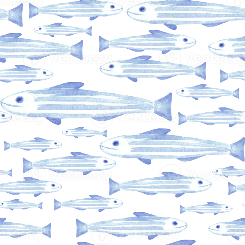 Blue fish floke watercolor seamless pattern for baby design. Cute sea animal character illustration for textile. Hand drawn underwater fauna of ocean. Marine template in cartoon mediterranean style. png