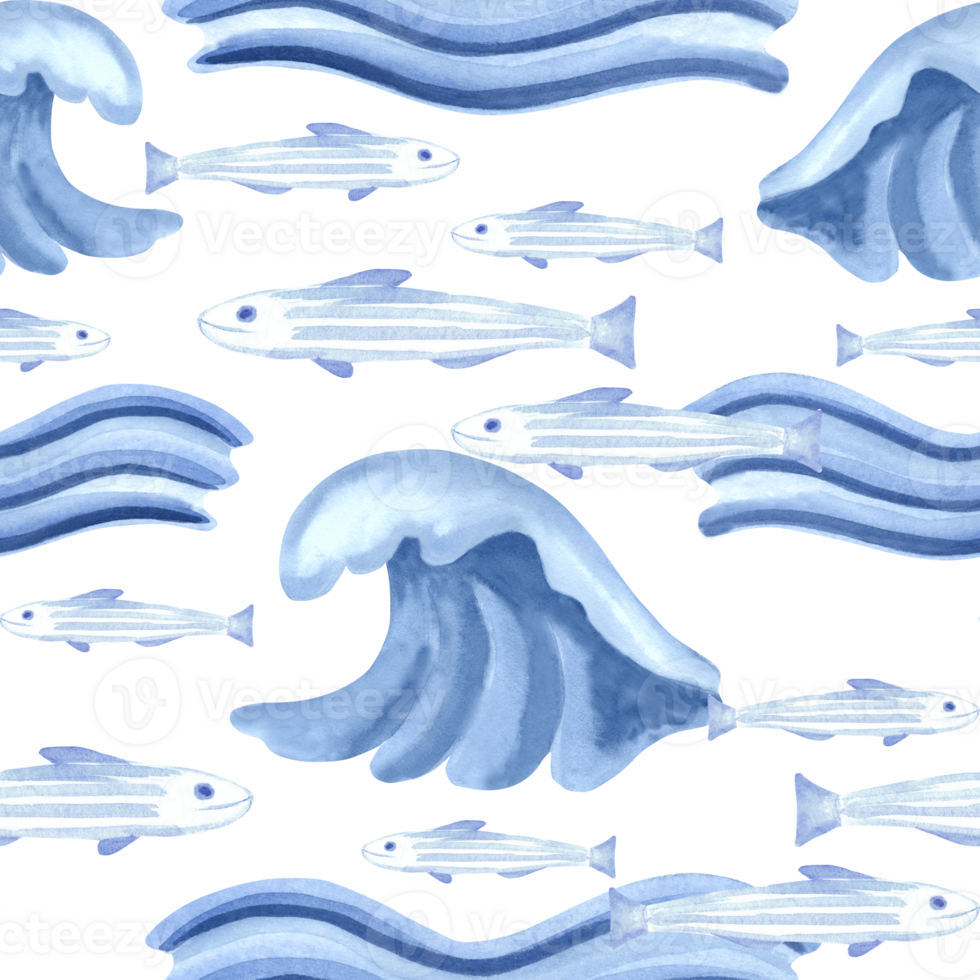 Blue sea waves and flock fish watercolor seamles pattern for arctic designs. Hand drawn illustration abstract tsunami isolated. Deep storm splashe of oceanic water. Marine template in cartoon style. png