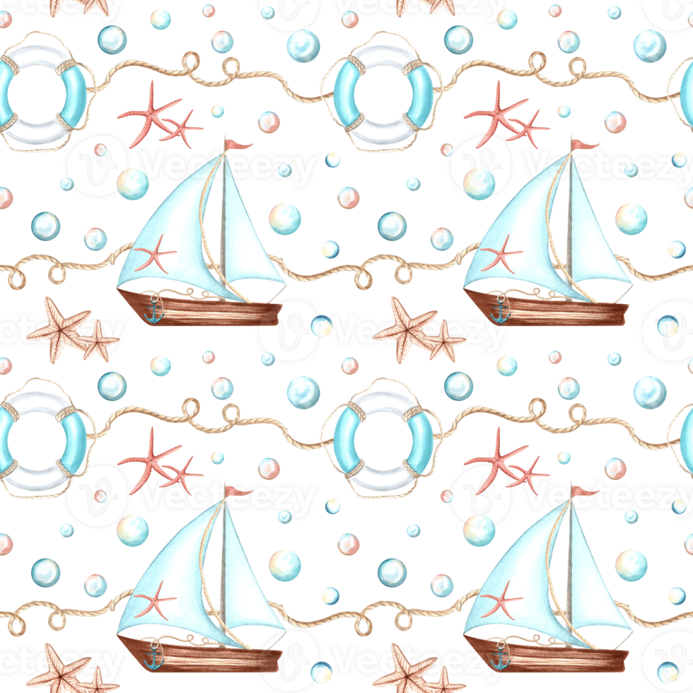 Sailboat with lifebuoy, starfishes and bubbles. Watercolor seamless pattern of yacht with sail. Hand drawn illustration for marine background. Sea ship travel print. Nautical template in scketch style png