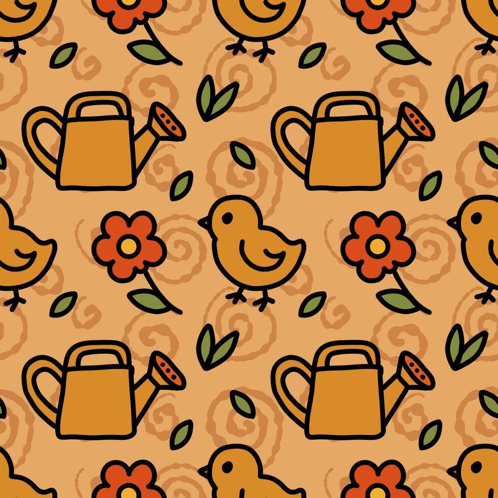 Garden flower print in the form of a chicken, watering can, seamless pattern, warm background, natural, wrapping paper. vector