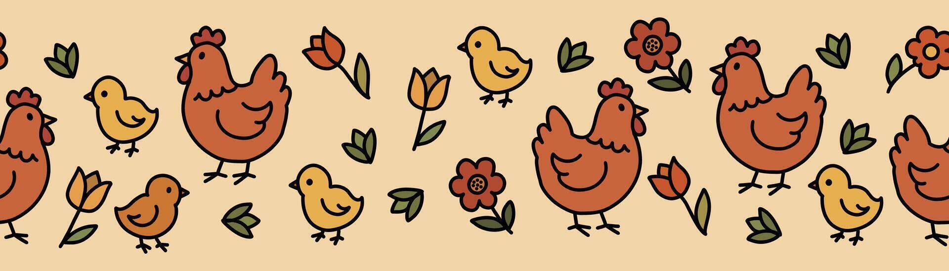 Easter flower border in the shape of a chicken, seamless pattern, warm background, natural, wrapping paper, flat style. vector