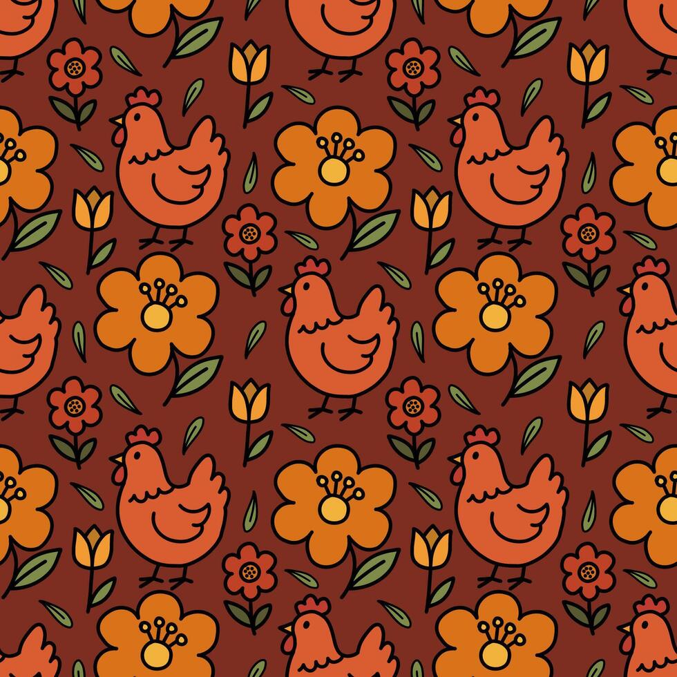 Cute chicken with a seamless flower pattern on a yellow background. Drawing of agricultural elements. Hand drawn vector