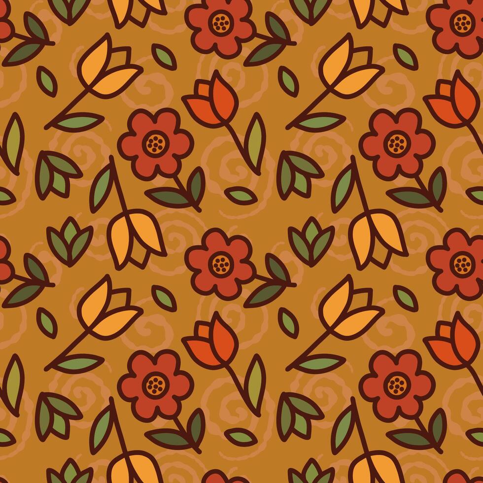 Hand-drawn retro floral print for fabric. Modern beautiful flowers. Vintage botanical seamless pattern, wrapping paper, flat style. vector