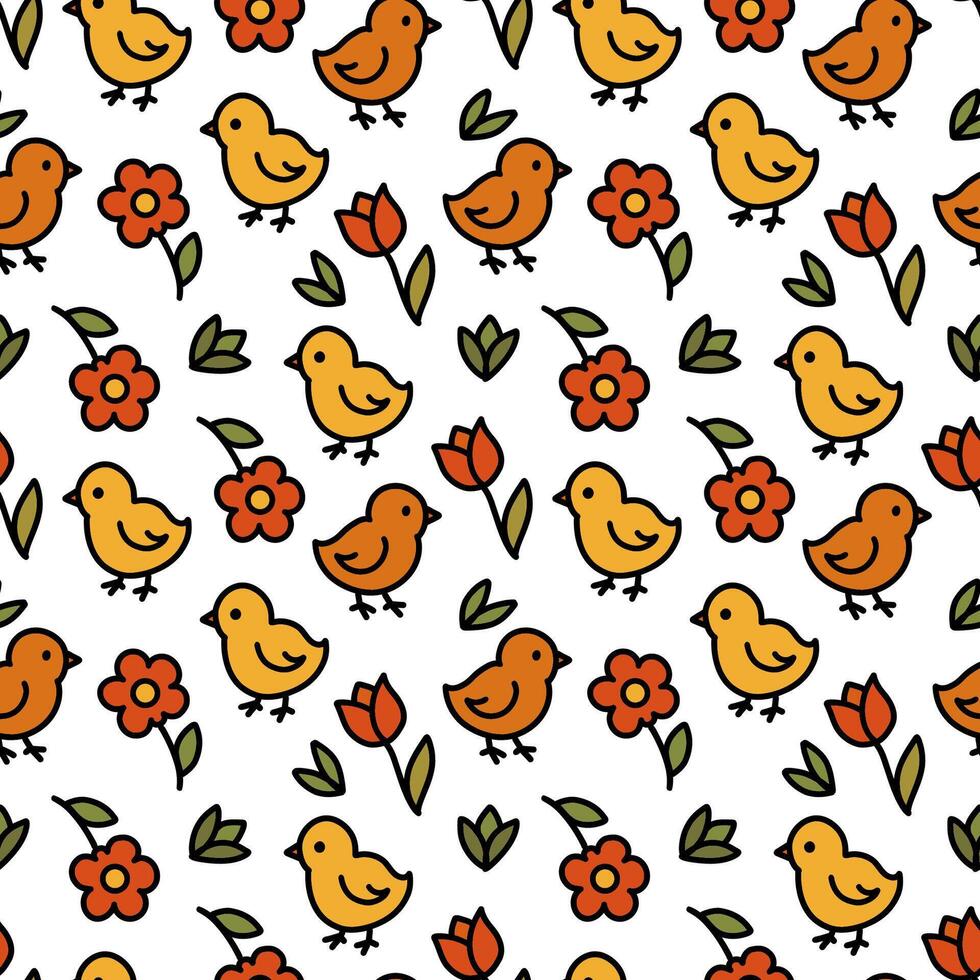 Easter flower chicken pattern, seamless pattern, background, natural, wrapping paper, flat style, illustration. vector