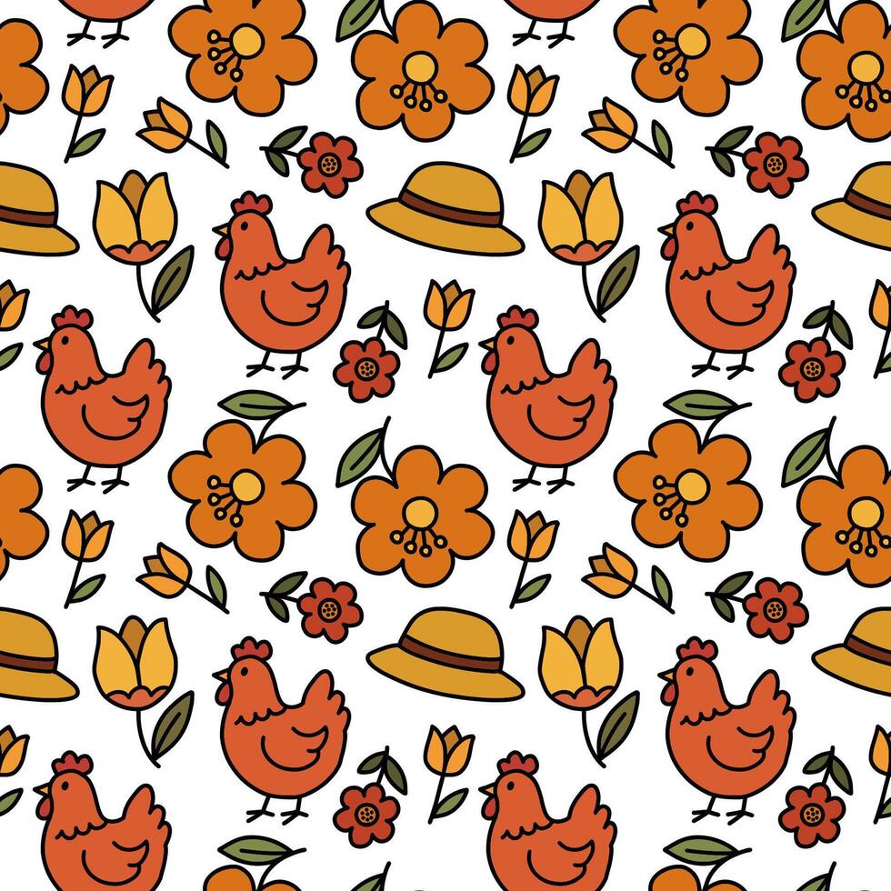 Cute chicken with a seamless flower pattern on a yellow background. Drawing. vector