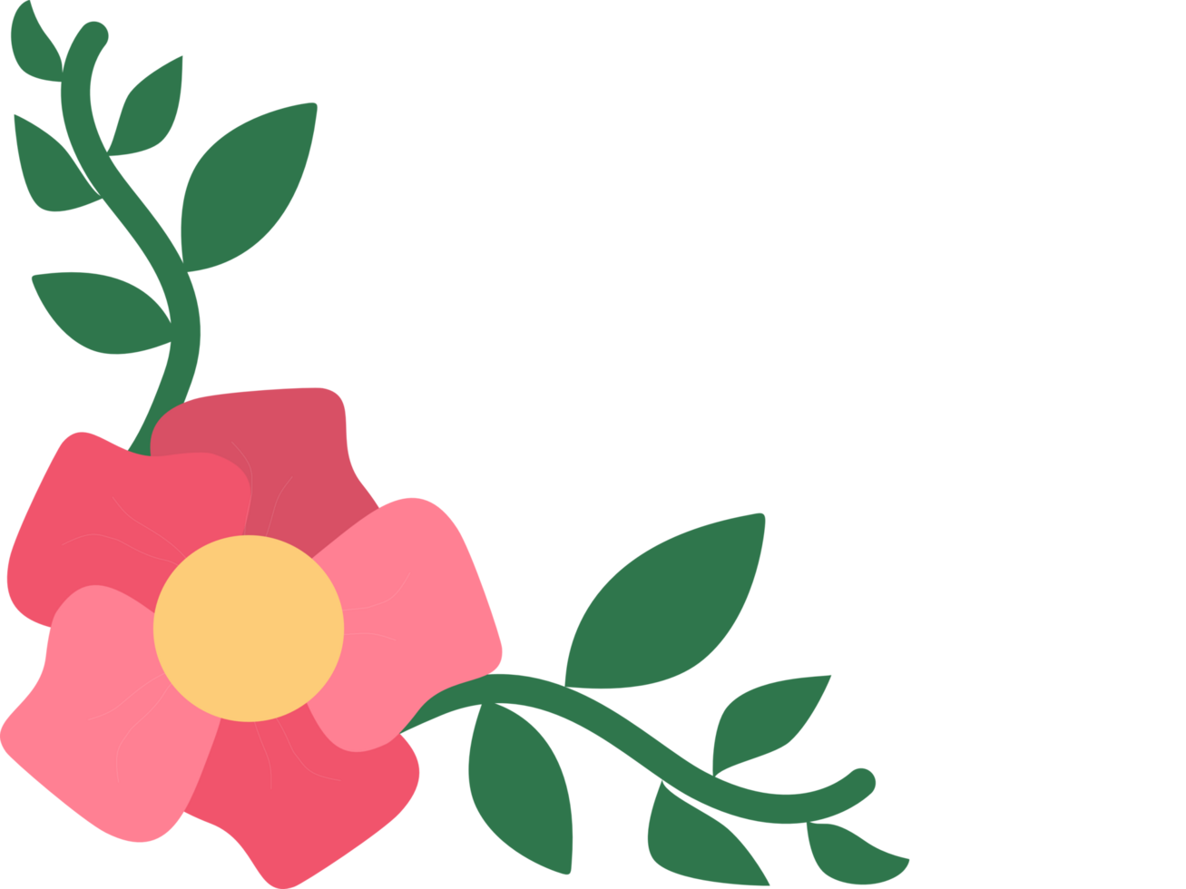 Red flower with green leaves for corner decoration png