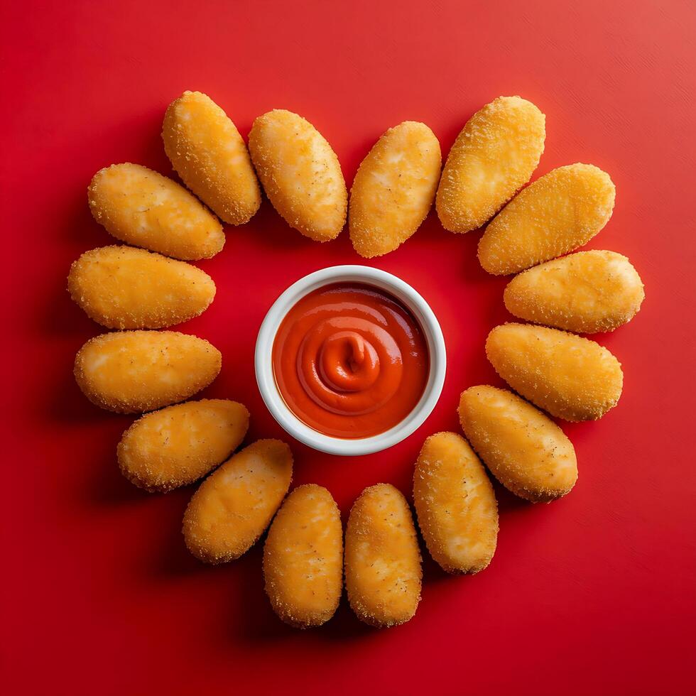 A heart shaped arrangement of cheese nuggets on a red background photo