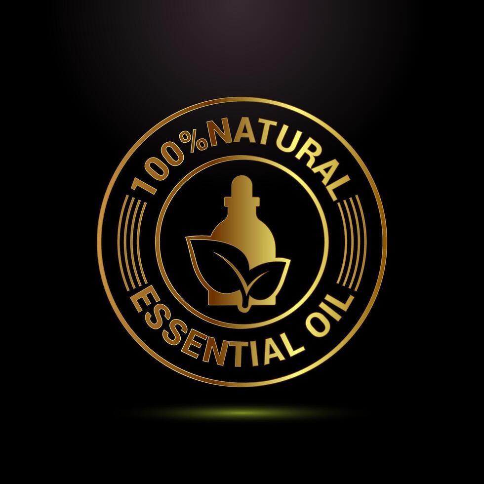 Essential oil icon, 100 percent essential oil icon label in gold color style vector