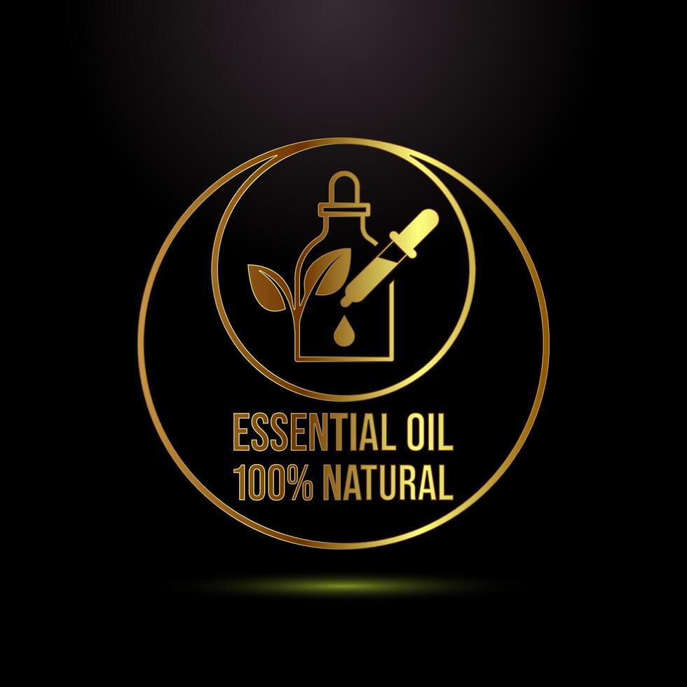 Essential oil icon design, 100 percent essential oil icon label in gold color style vector