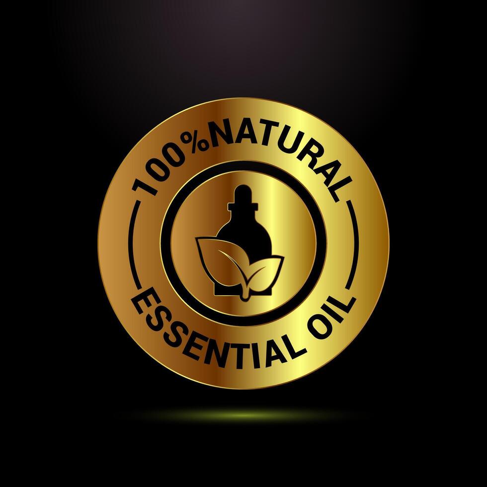 Essential oil icon design, 100 percent essential oil label sign in gold color style vector