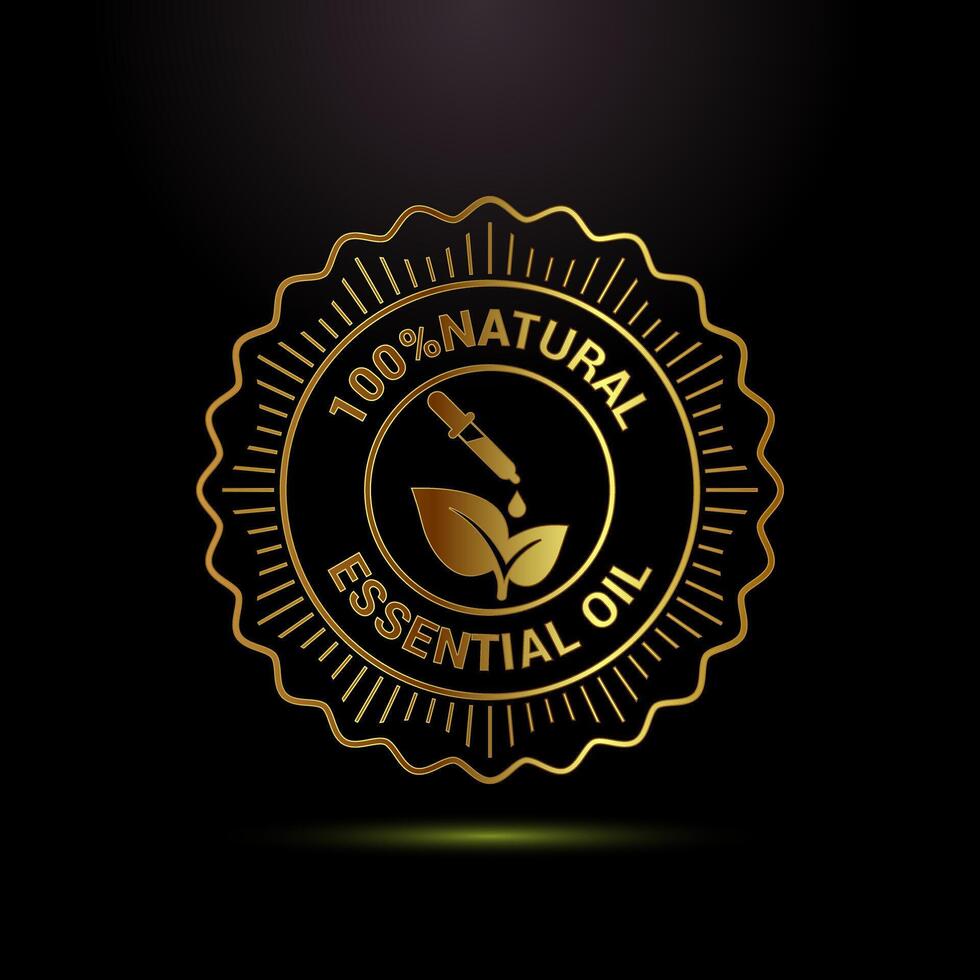 Essential oil icon, 100 percent essential oil label sign in gold color style vector