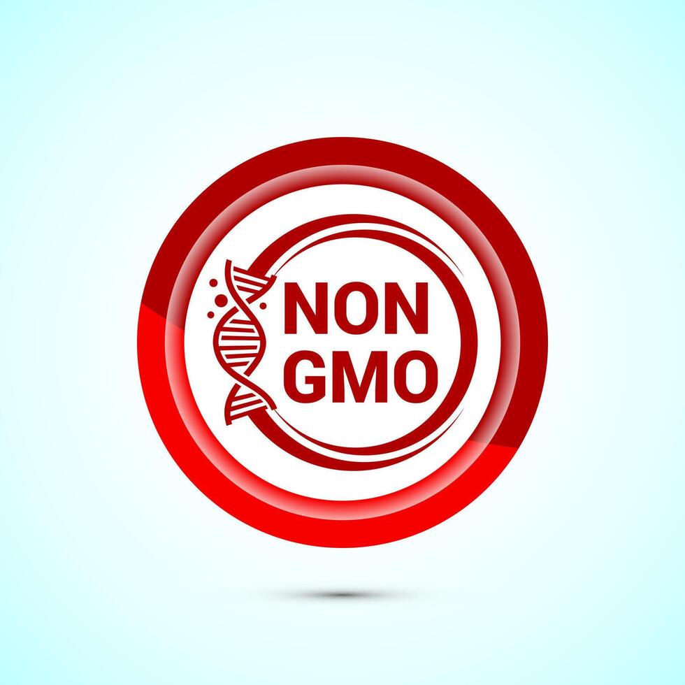 Non gmo icon design illustration, GMO free food label, Organic healthy food sign, Red color button design vector