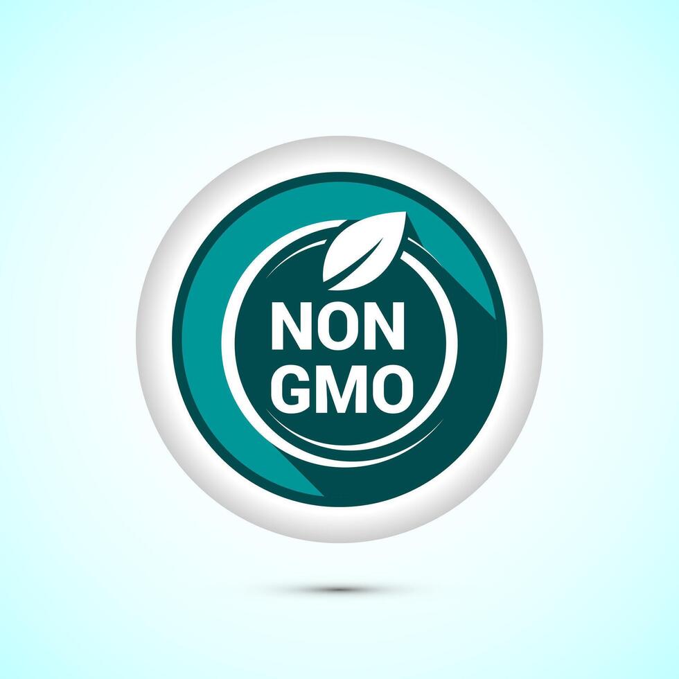 Non gmo icon design illustration, GMO free food label, Organic healthy food sign, Teal color shadow button design vector