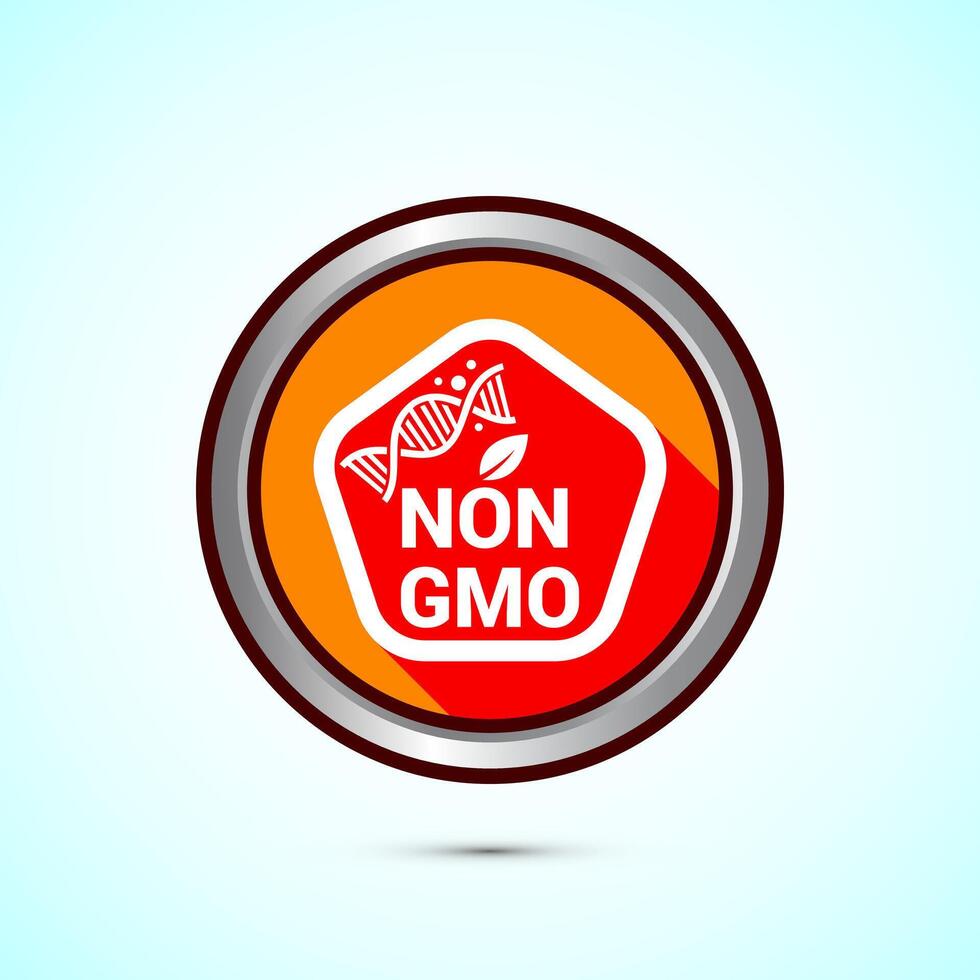 Non gmo icon design illustration, GMO free food label, Organic healthy food sign, Orange color shadow button design vector