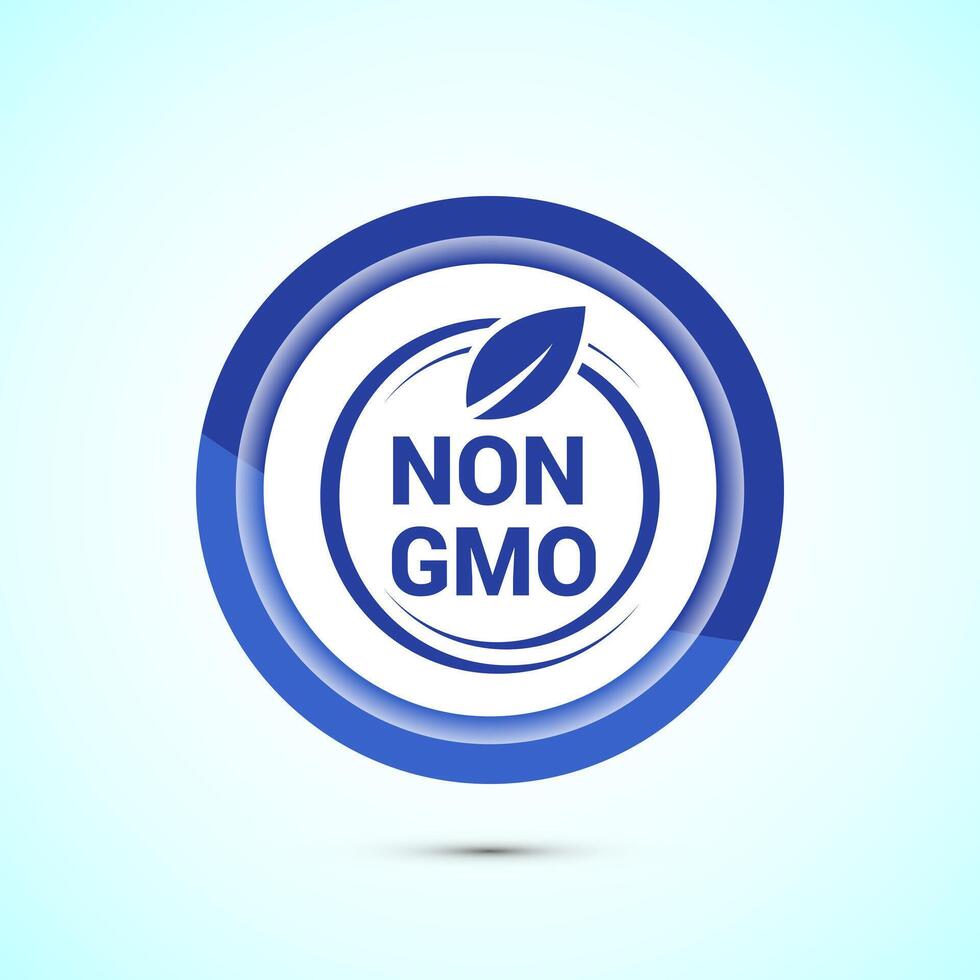 Non gmo icon design illustration, GMO free food label, Organic healthy food sign, Blue color button design vector