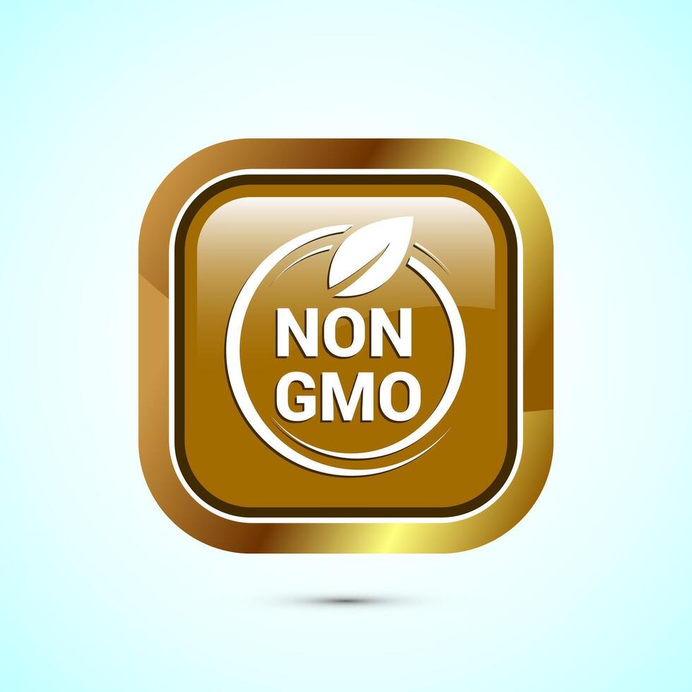 Non gmo icon design illustration, GMO free food label, Organic healthy food sign, Gold color square button design vector