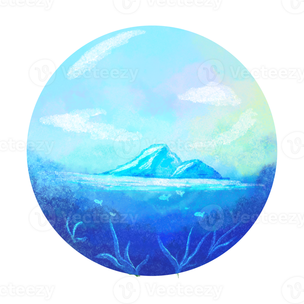 Ice mountain and ocean artistic illustration, blue nature scene in circular frame png