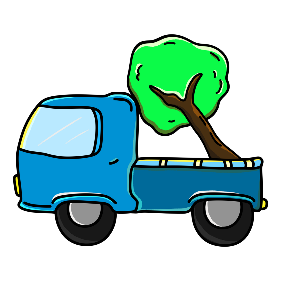 Blue truck delivering a large tree cartoon color illustration png
