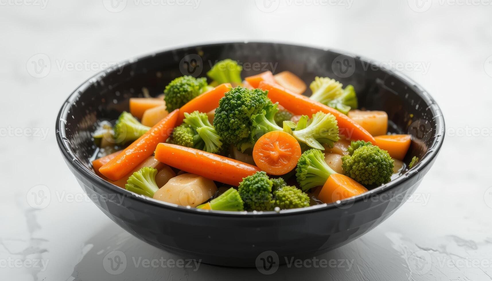 close up Bowl of Boiled Broccoli and Carrots on White Background, Healthy Vegetarian Food photo