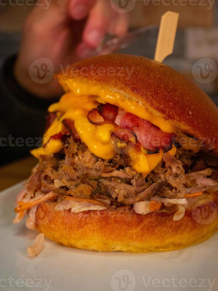 Pulled Pork Burger with Bacon and Cheese photo