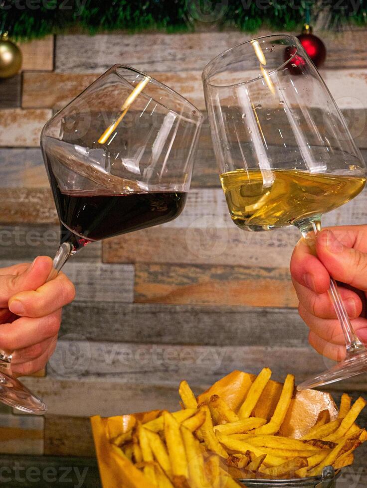 Festive Wine Toast with Burger and Fries at Christmas photo
