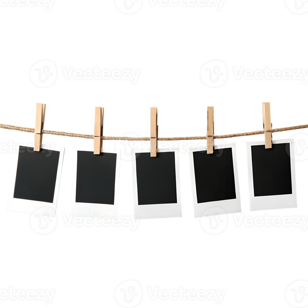 A nostalgic display of blank instant photos suspended by wooden clips, evoking a sense of history and the allure of captured moments, ready to be filled with personal experiences. png