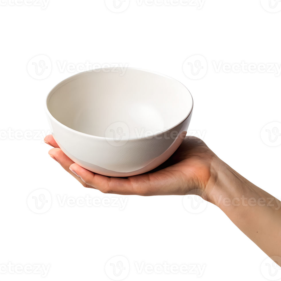 A simple and elegant composition featuring a single hand presenting a clean, empty bowl. png