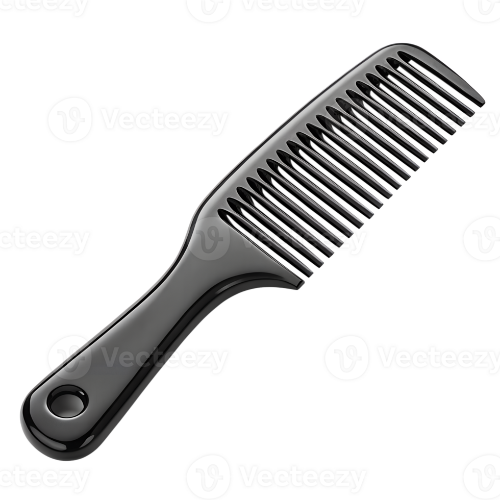 A close-up, high-angle shot of a black comb, showcasing the comb's teeth and handle, highlighting the tool's smooth png