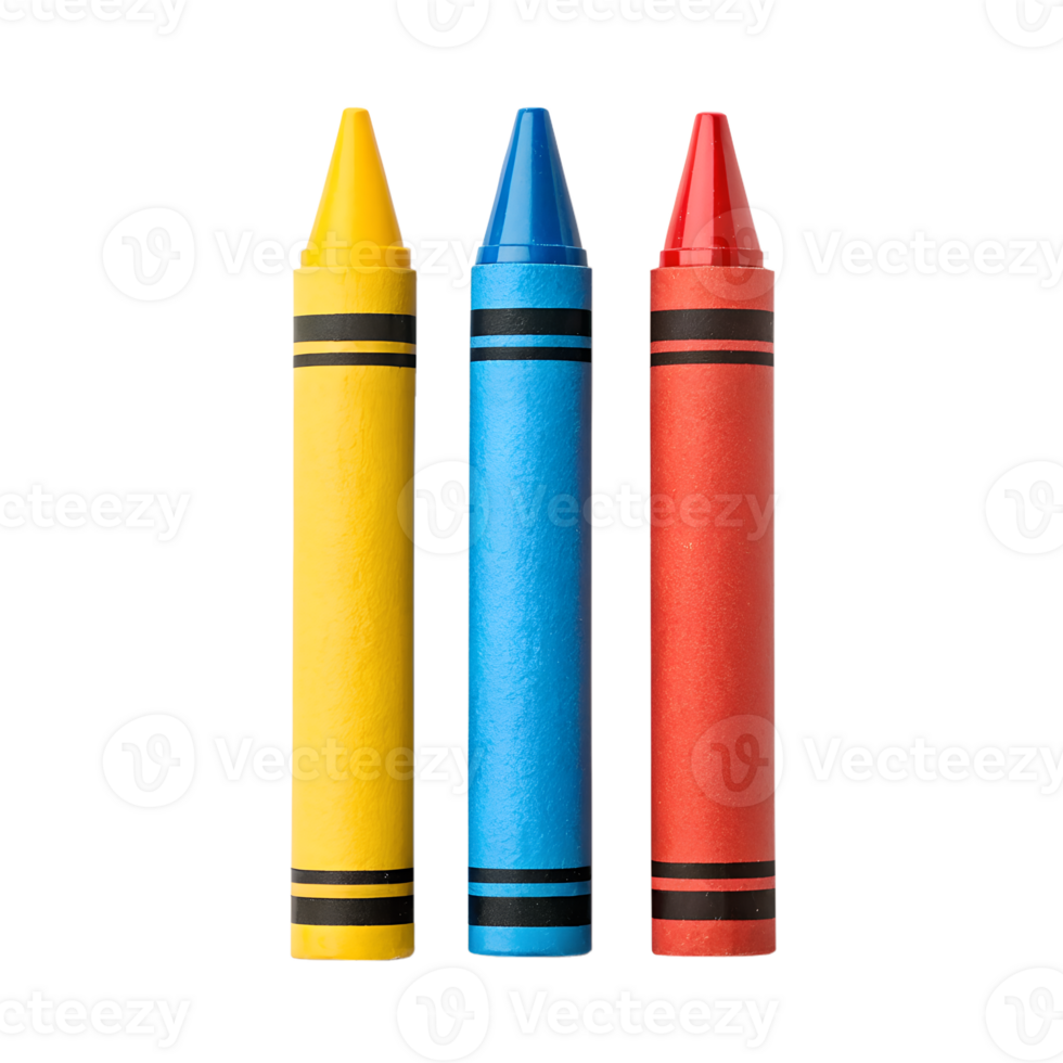 Three primary-colored crayons stand tall, their vibrant hues ready to bring imagination and creativity to life on any canvas. png