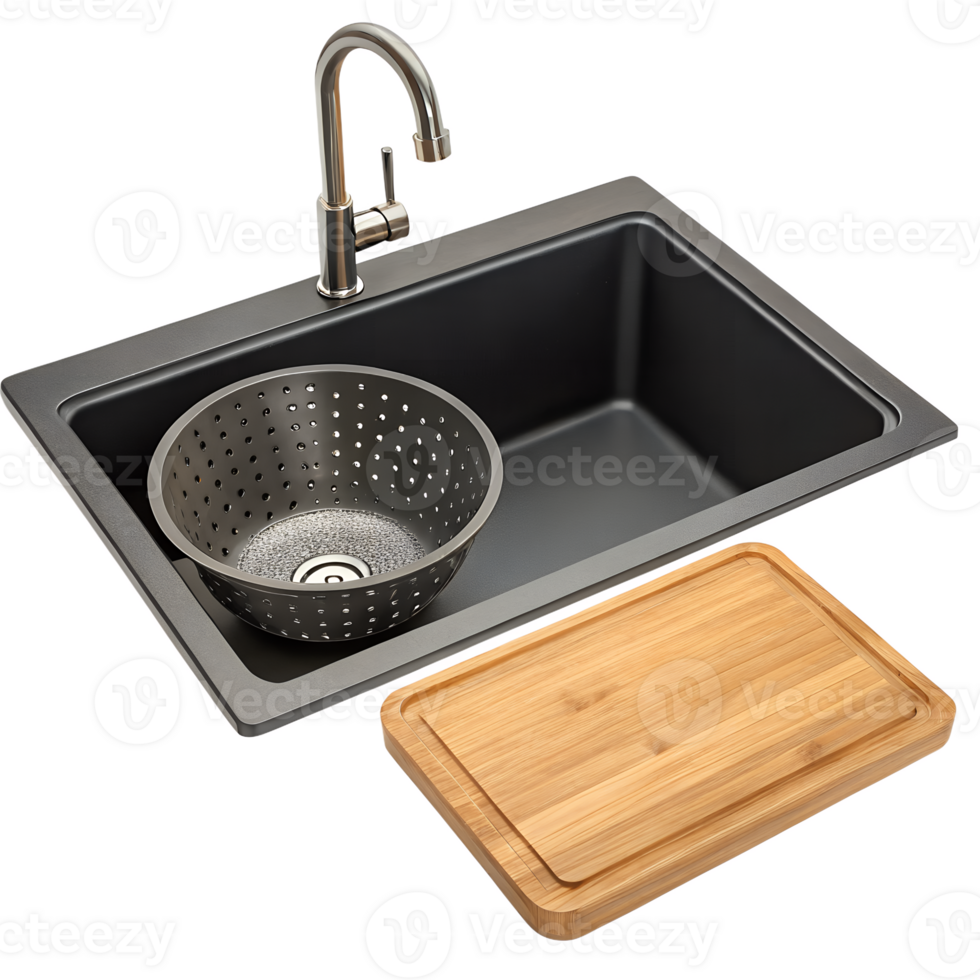 Featuring a modern kitchen sink with a stainless steel faucet and a wooden cutting board png