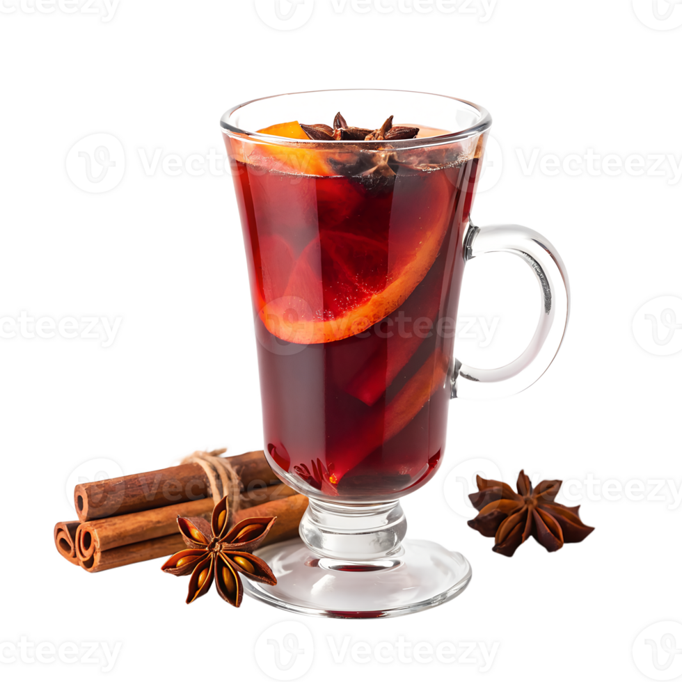 A comforting glass of mulled wine, filled with rich red hues and aromatic spices, promising a delightful sensory png