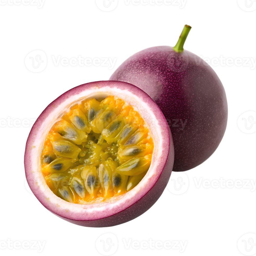 A vibrant passion fruit, halved to reveal its juicy, yellow pulp and numerous black seeds, sits alongside a whole fruit png