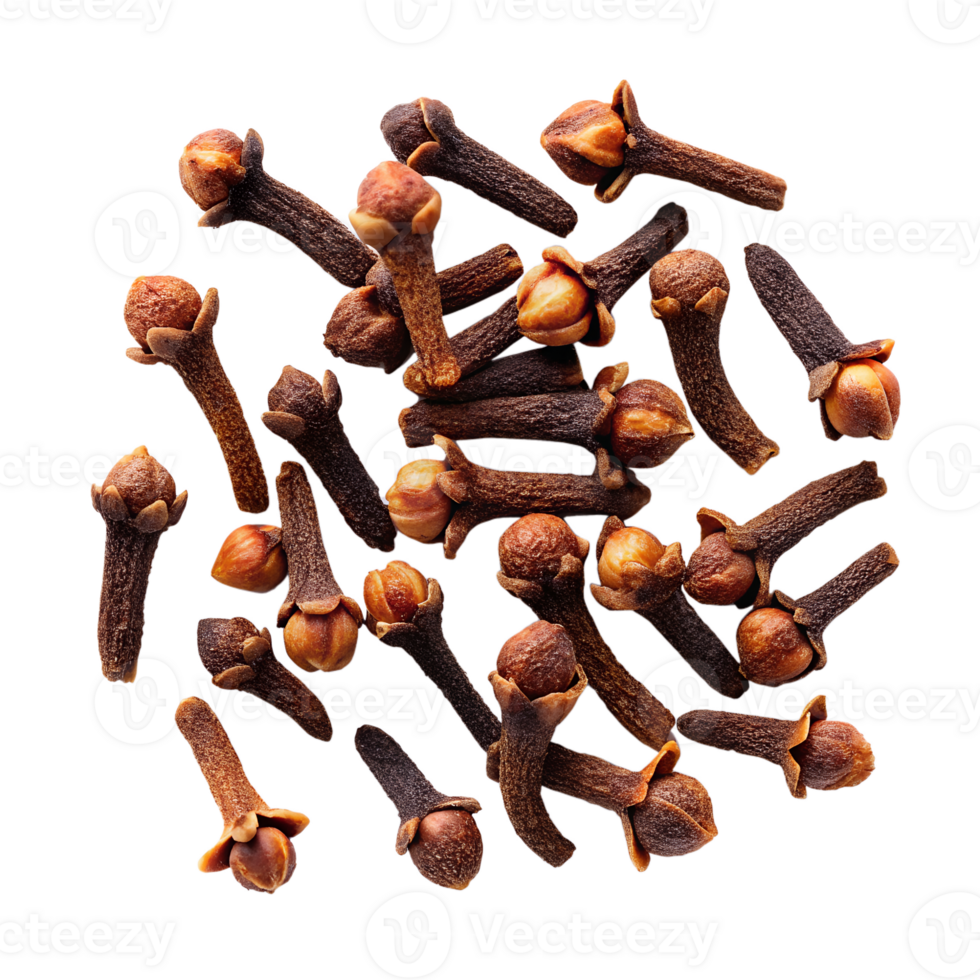 An overhead shot of cloves on the table, capturing the intricate details and rich color of the spices png