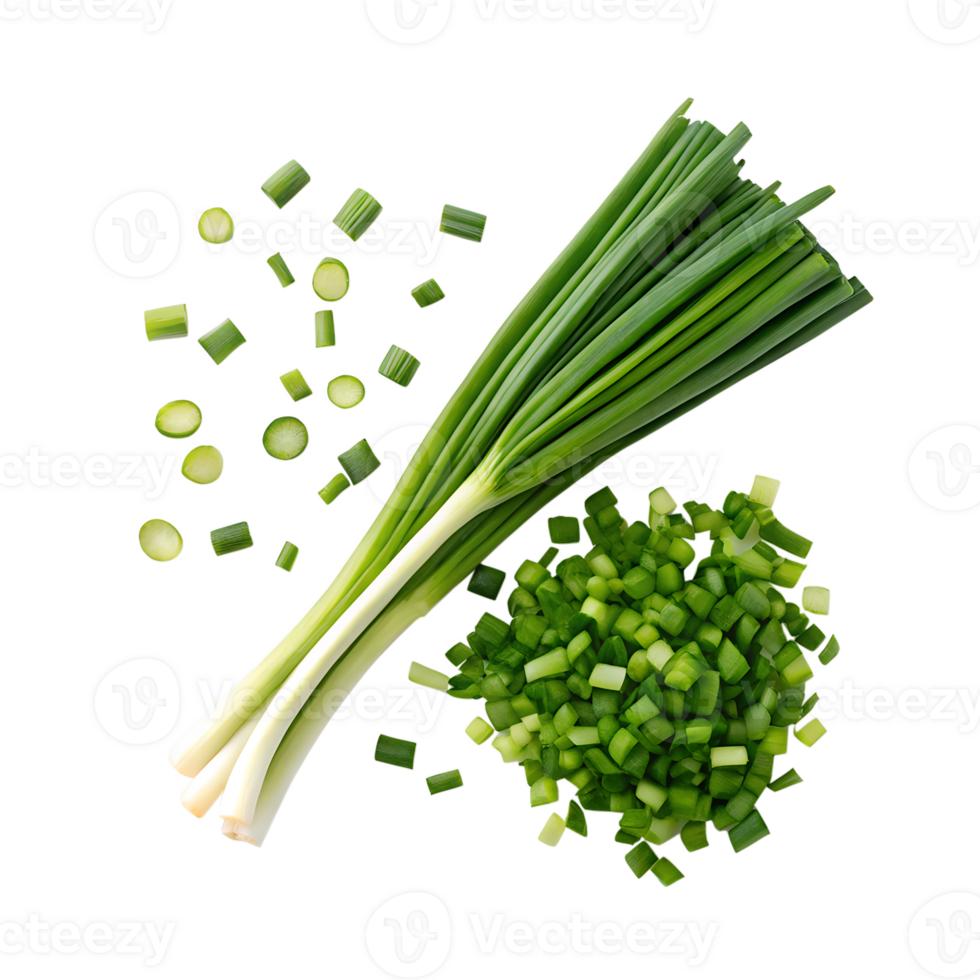 A vibrant display of fresh green onions, both whole and meticulously chopped png