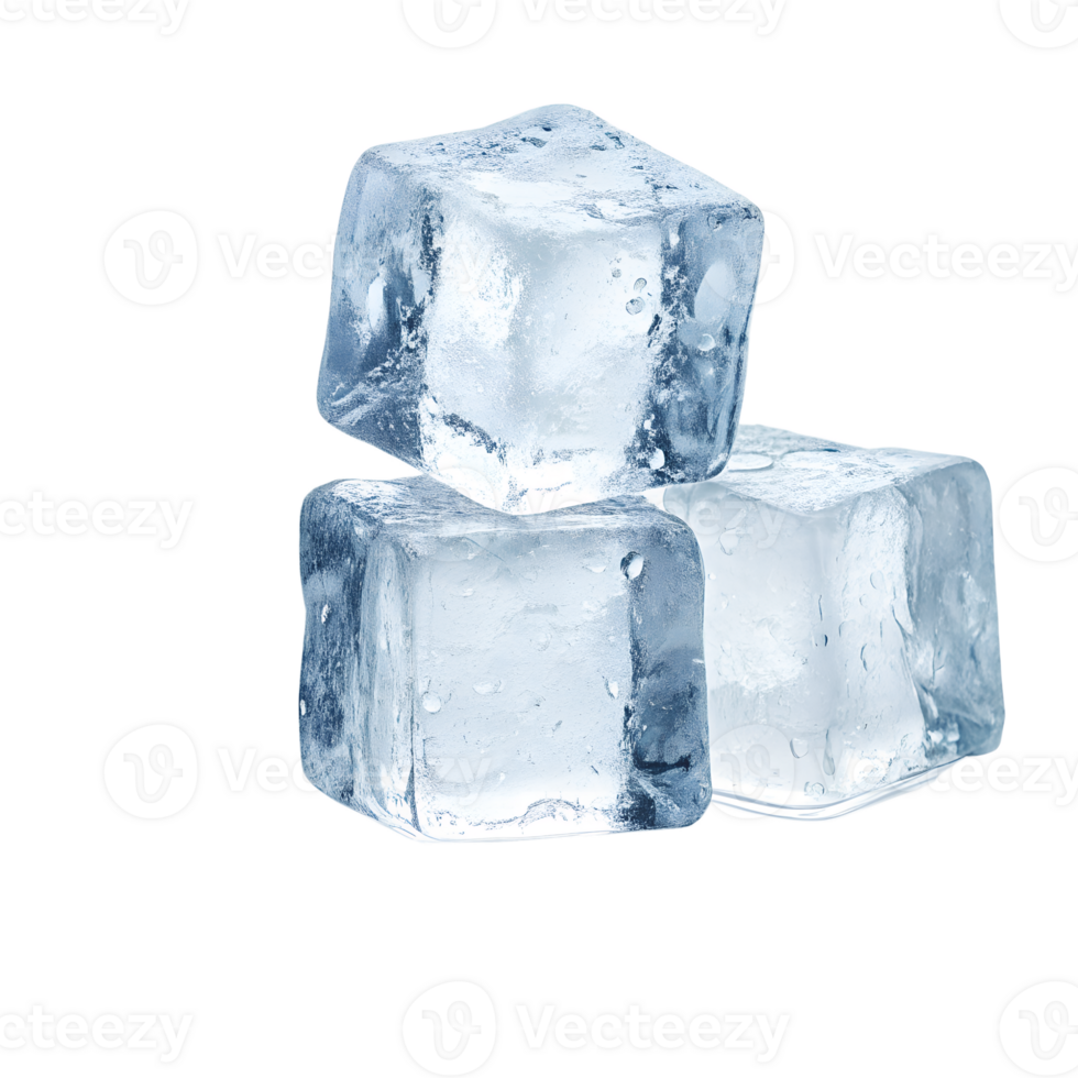 Three clear ice cubes are piled high on a photorealistic backdrop png