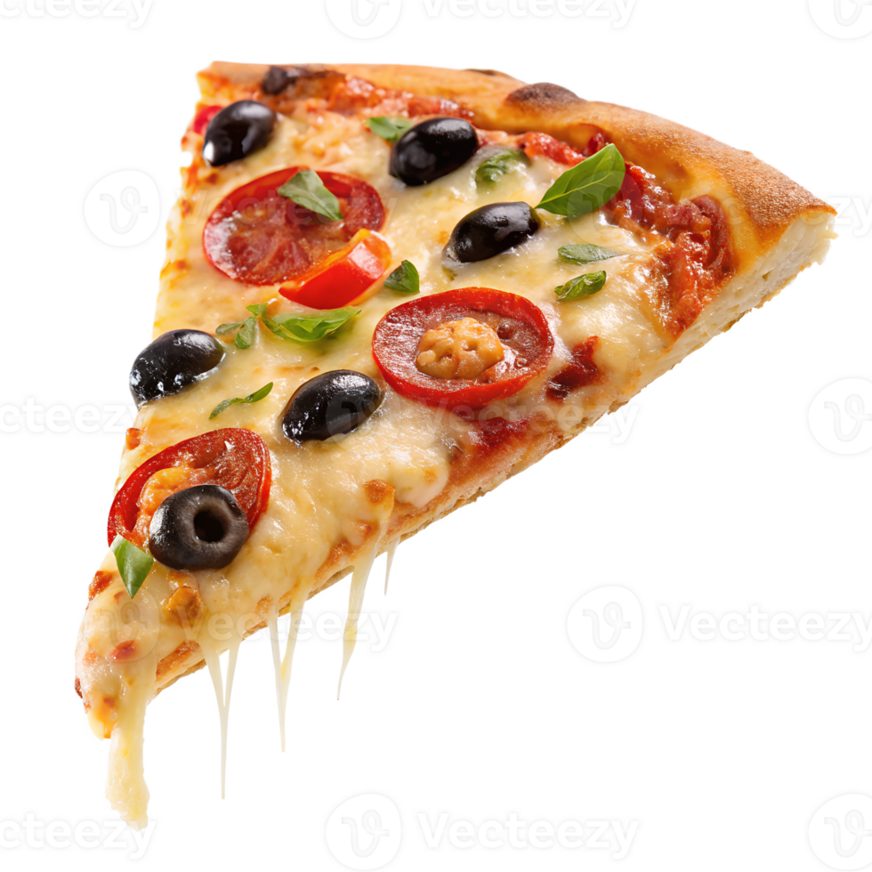 A mouthwatering slice of pizza, loaded with savory toppings like pepperoni, olives, fresh basil and melted cheese png