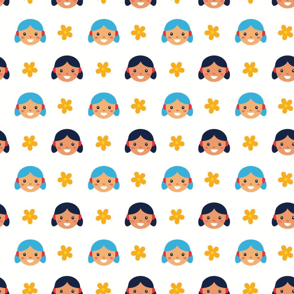 Seamless happy girl face pattern background design vector