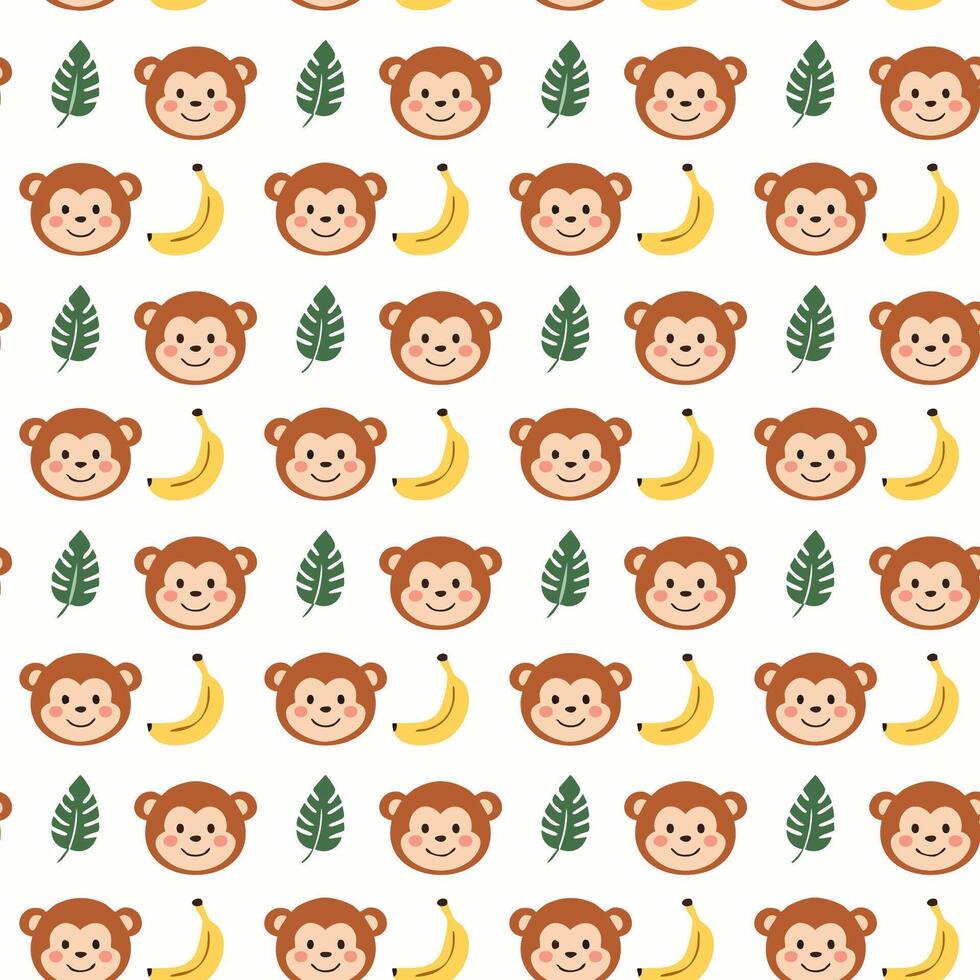 Cute monkey face and banana pattern background illustration vector