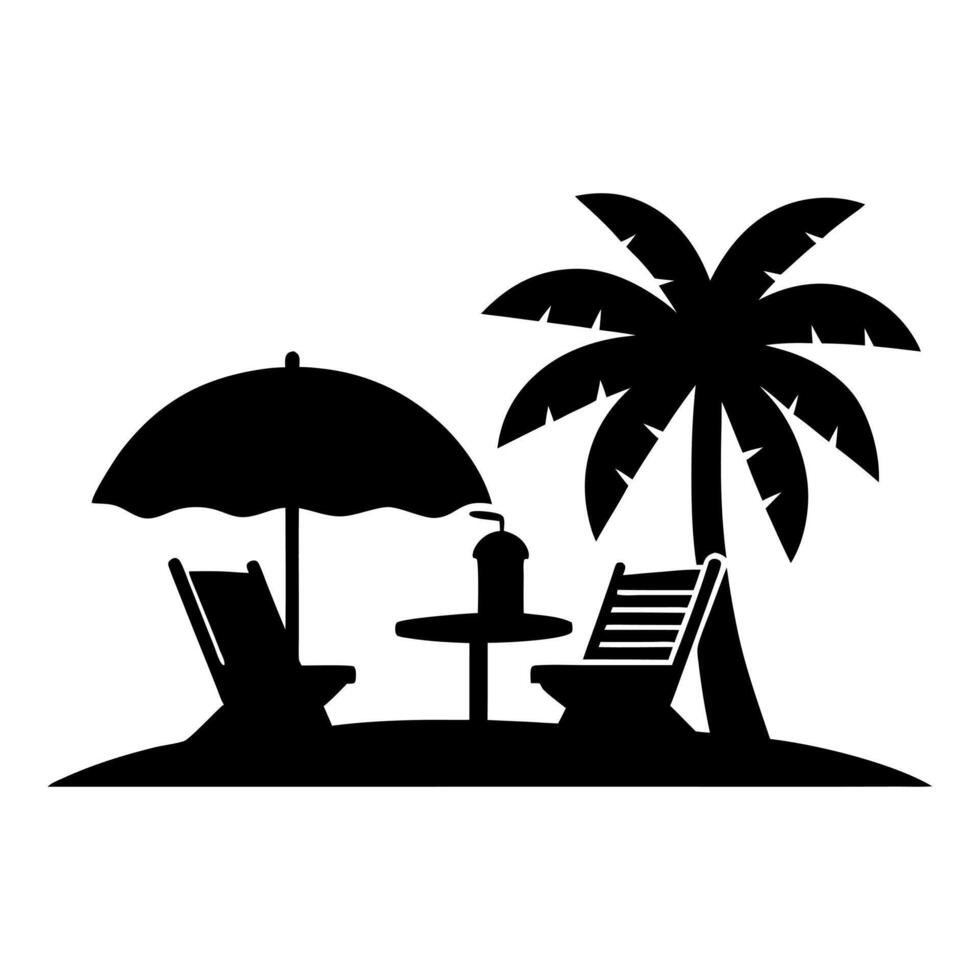 a silhouette of two chairs and an umbrella under a palm tree vector