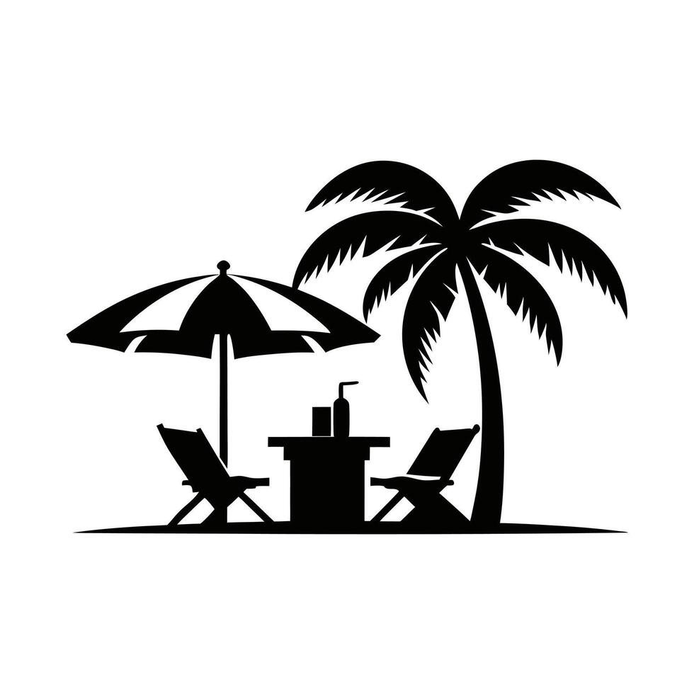 a black and white silhouette of a table and chairs under an umbrella vector