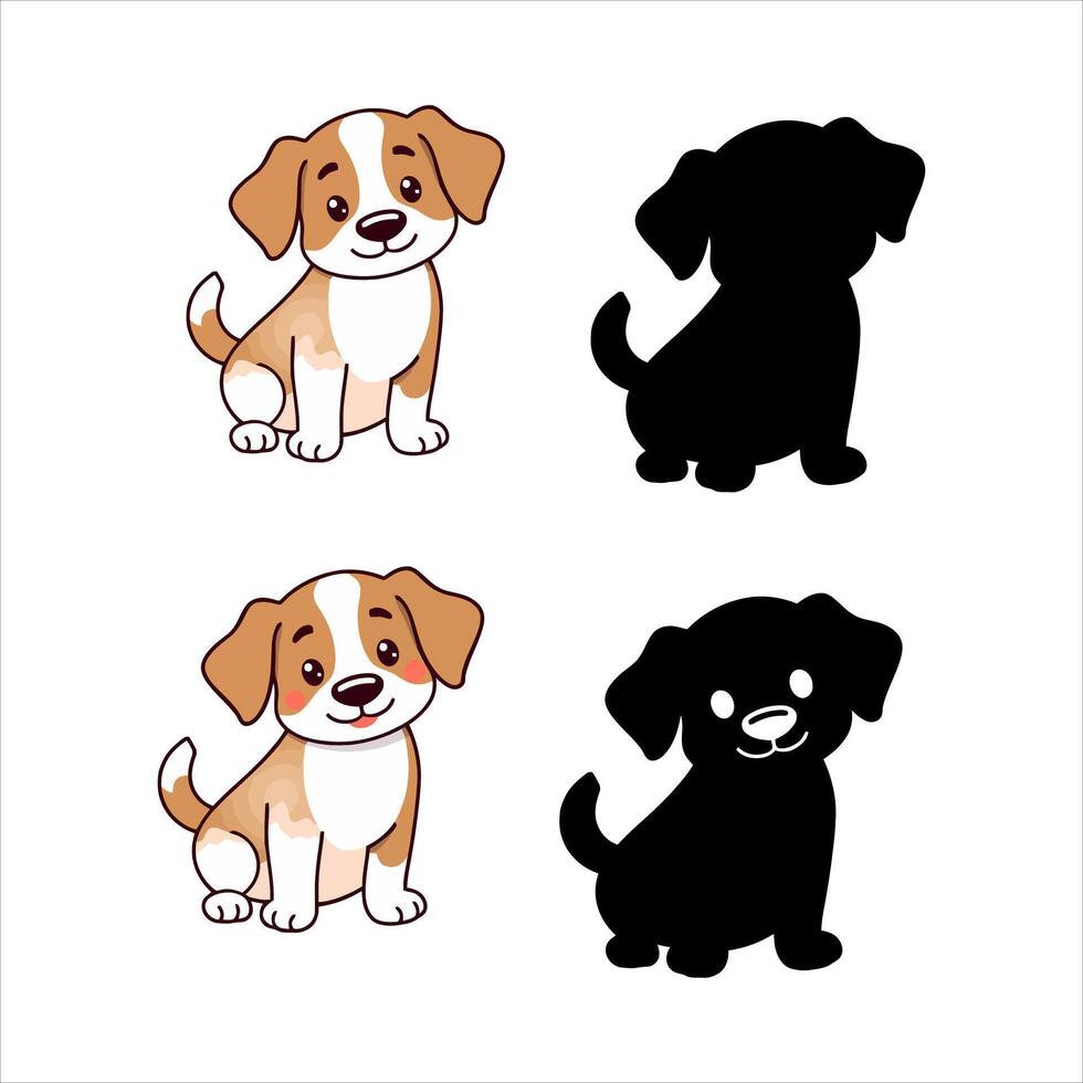 Cute cartoon puppy illustrations with silhouette variations. vector