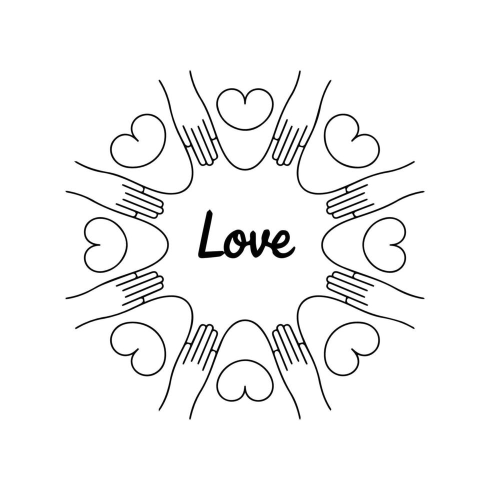 a black and white drawing of hands holding hearts and the word love vector