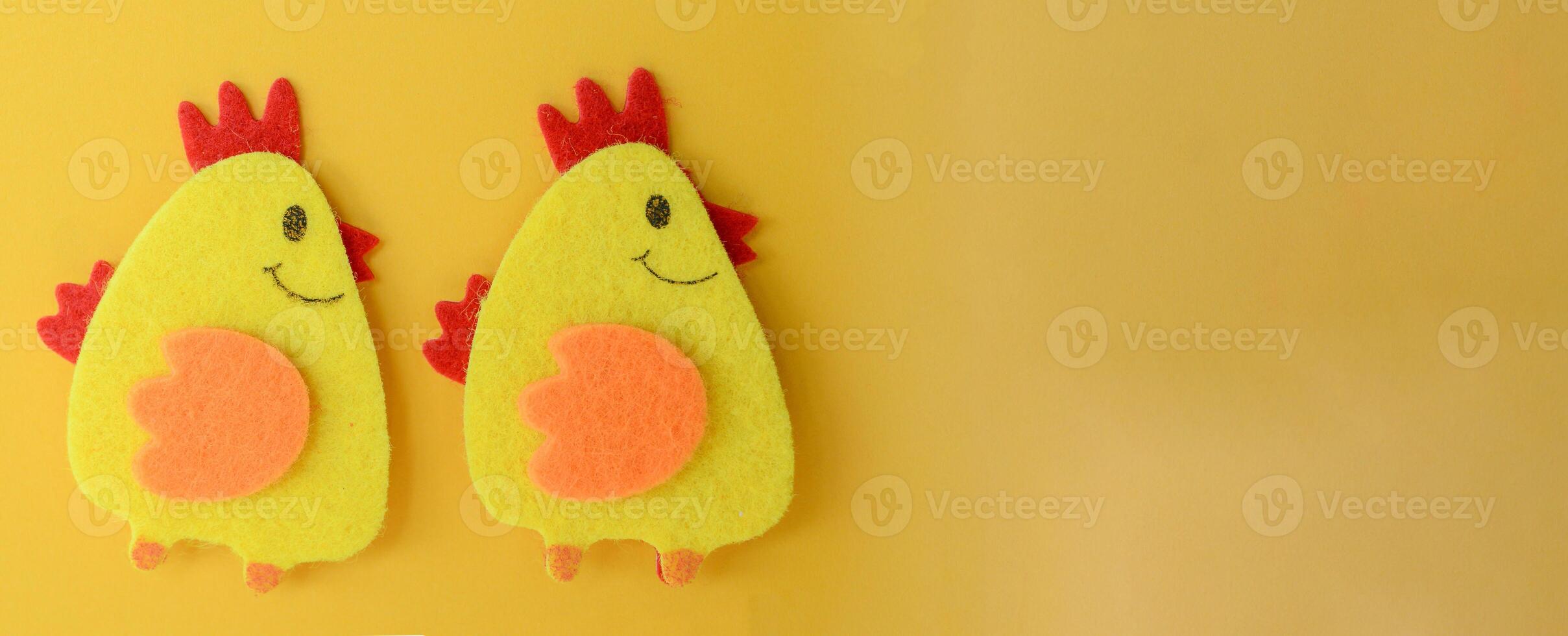 two cute yellow felt chickens handmade, diy, kids easter crafts, copy space, funny handmade idea, banner photo