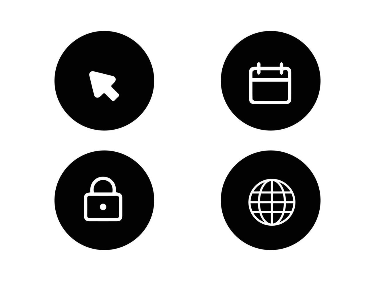 four black and white icons of a globe, padlock, and a clock vector