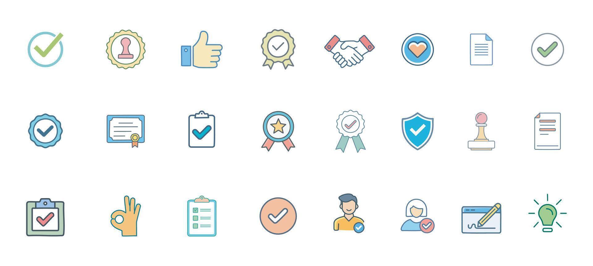 Approval Icon Set Check mark, Verified, Confirmed, Certified, Success Yes Line Icons in Style vector