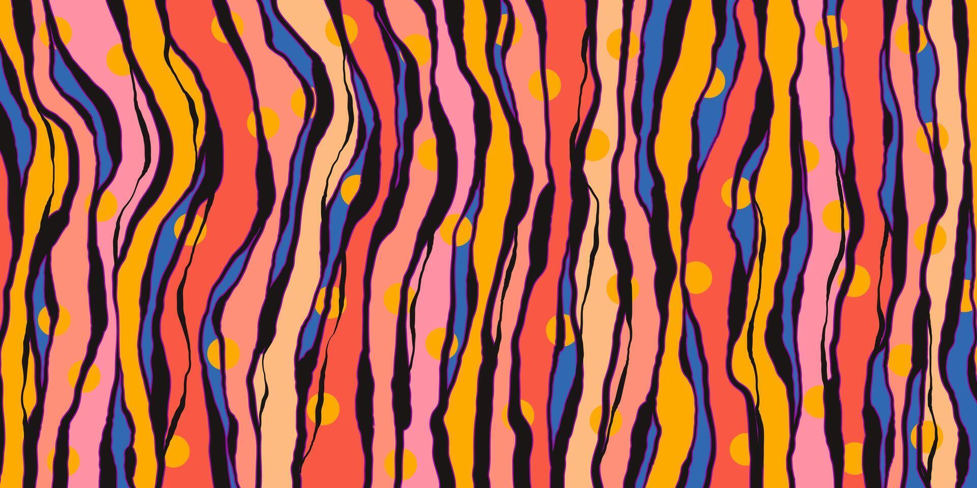 Colorful Vertical Paint Drips with Yellow Polka Dots. Artistic abstract stripes. Hand painted messy pattern. Vibrant creative background. Retro street art style. vector