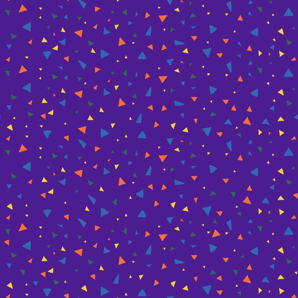 Tiny Colorful Triangles on Purple Background. Fun seamless confetti pattern. Abstract geometry texture. Youthful celebration design. vector