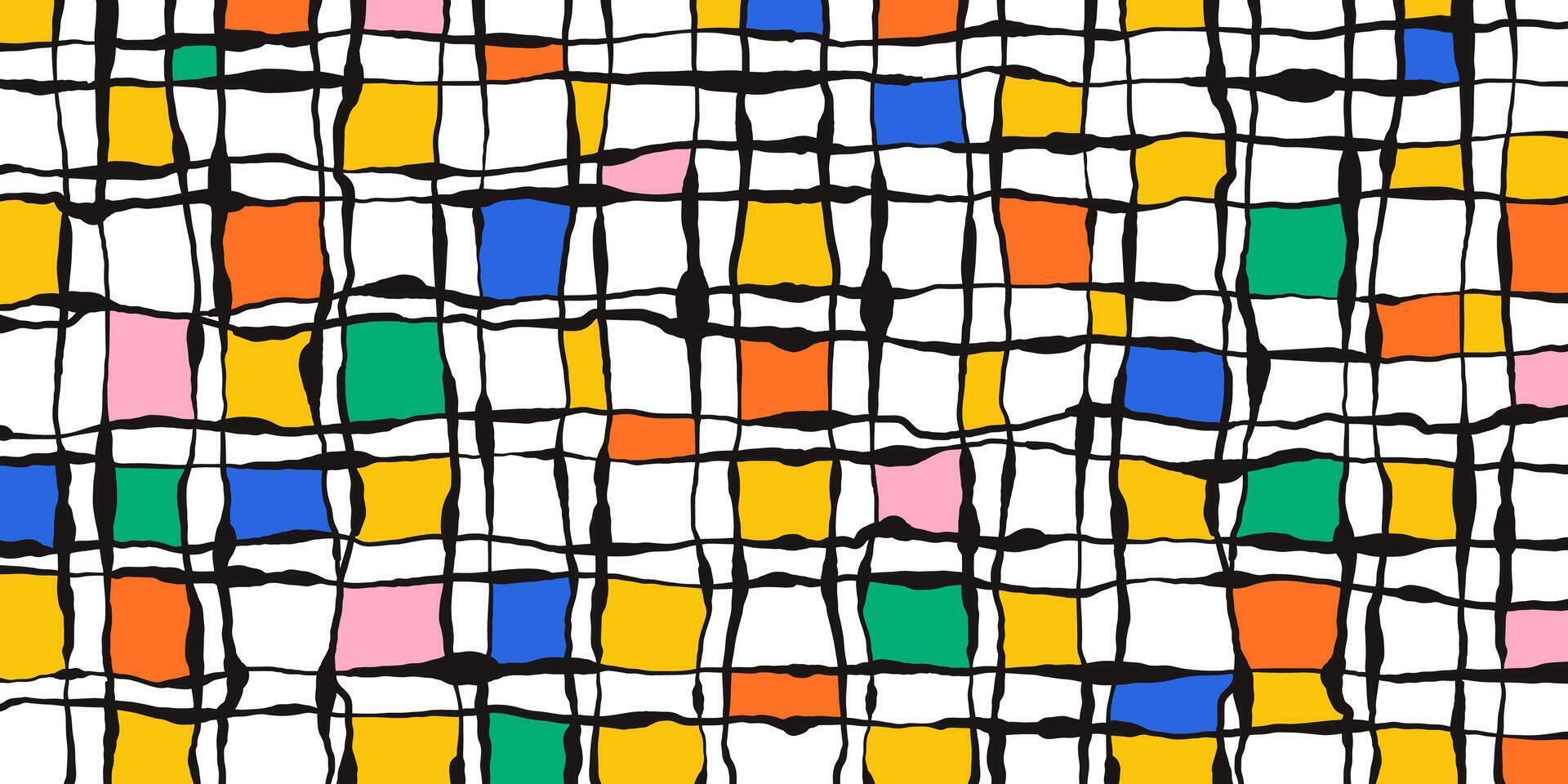 Minimal Black Line Grid with Colorful Squares on White Background. Modern hand drawn style. Abstract geometric texture. Simple line art design. vector