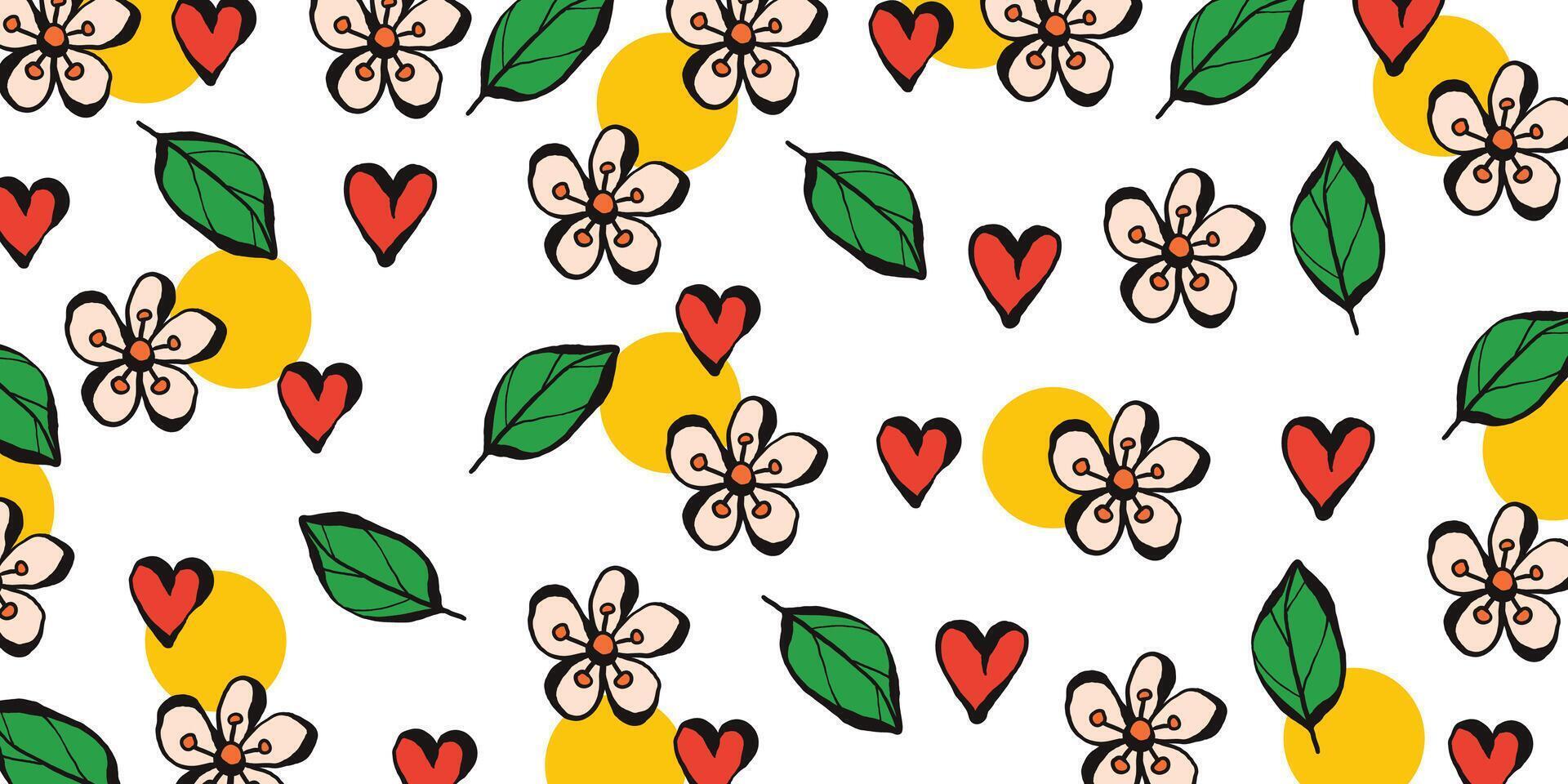 Cute Floral Background with Colorful Hearts, Leaves and Yellow Dots. Playful summer texture. Whimsical flower background. Children's design theme. vector