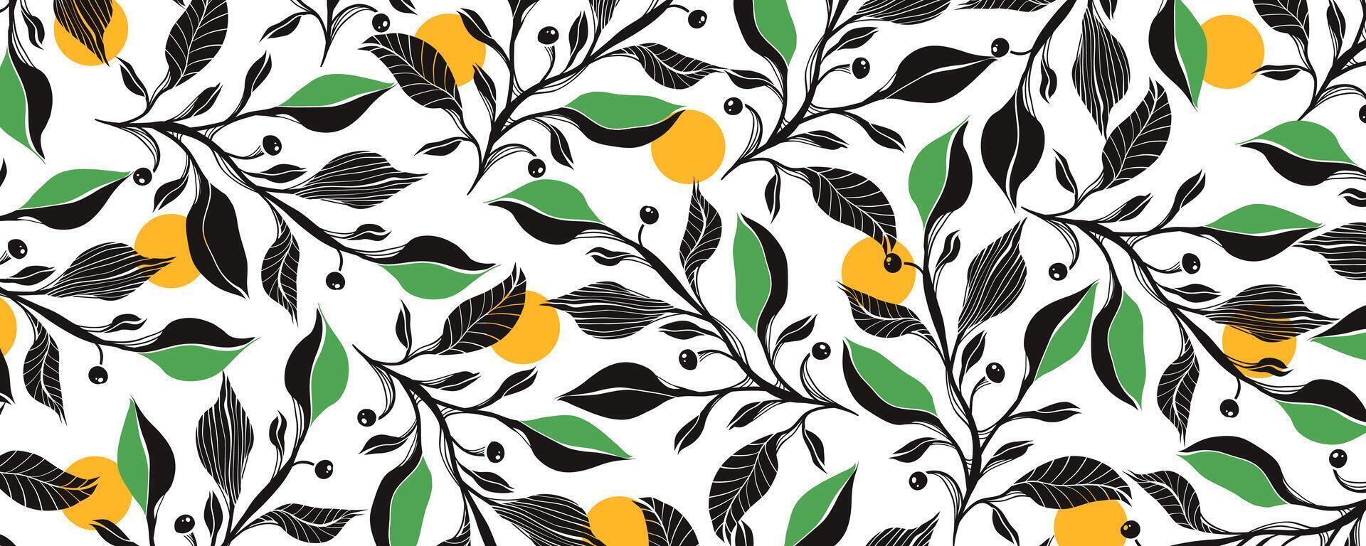 Black and White Leaf Pattern with Yellow Dots. Elegant botanical design with tree branches. Fresh foliage backdrop. Nature print design. vector